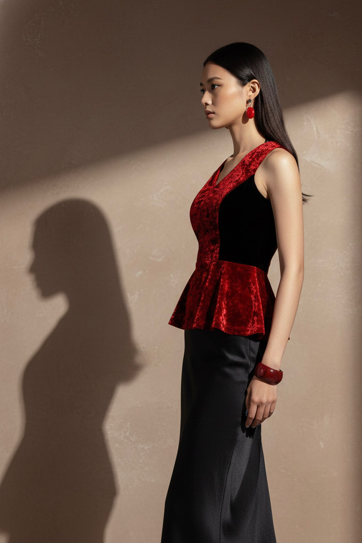 Áo thắt eo peplum hở lưng nhung đỏ thời trang Hity