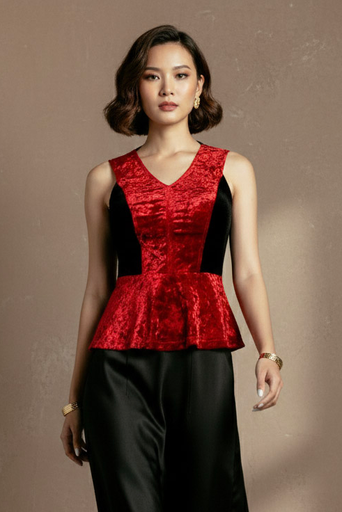 Áo thắt eo peplum hở lưng nhung đỏ thời trang Hity