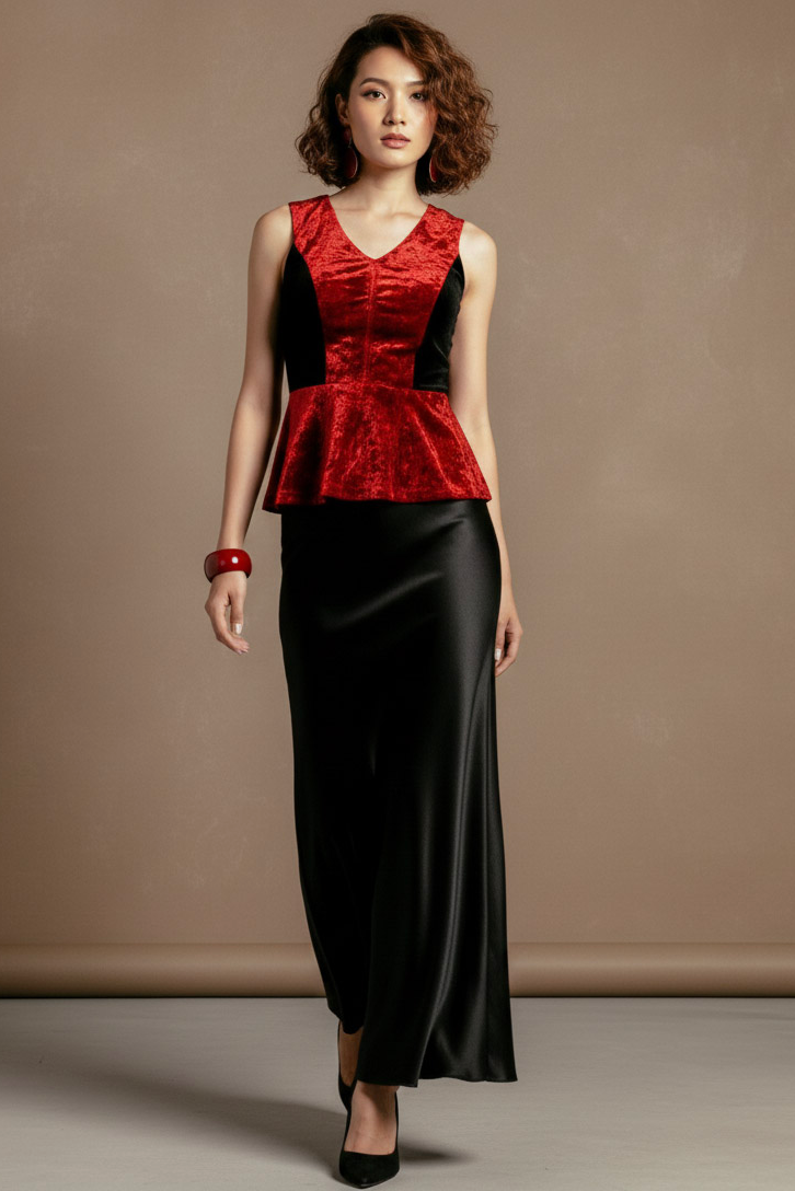 Áo thắt eo peplum hở lưng nhung đỏ thời trang Hity