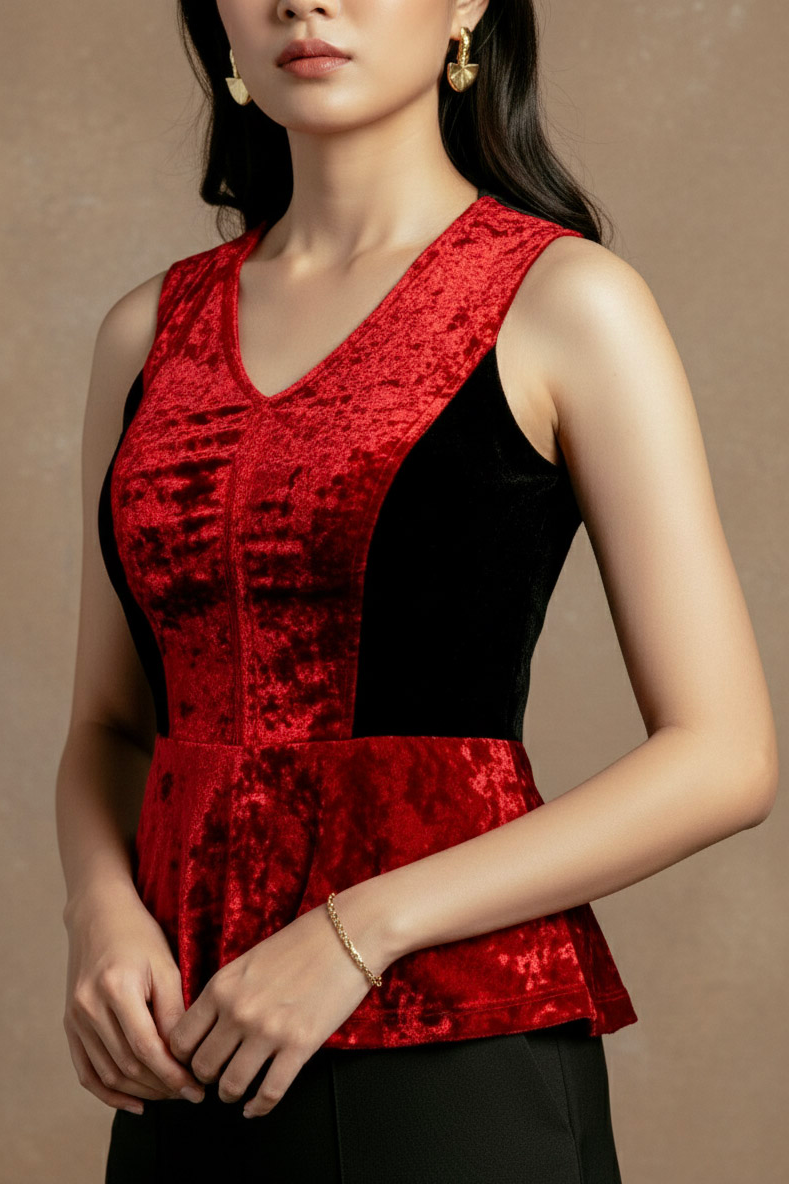 Áo thắt eo peplum hở lưng nhung đỏ thời trang Hity