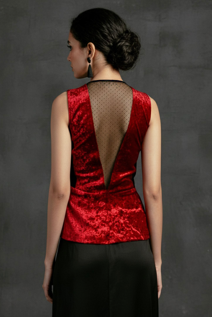 Áo thắt eo peplum hở lưng nhung đỏ thời trang Hity