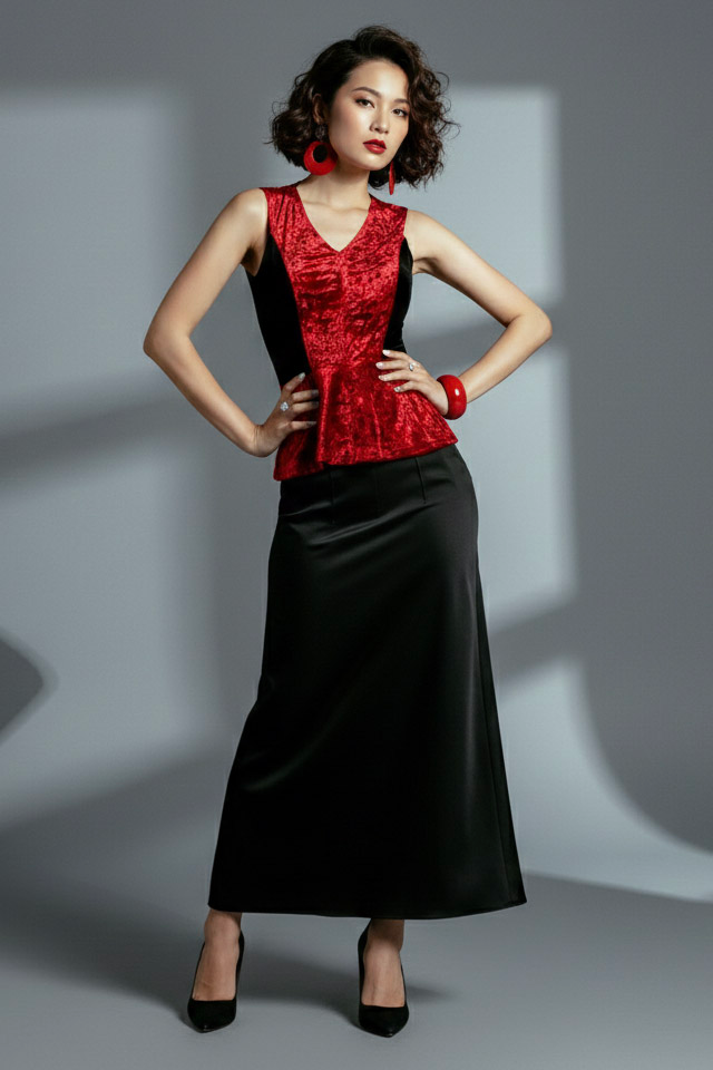 Áo thắt eo peplum hở lưng nhung đỏ thời trang Hity