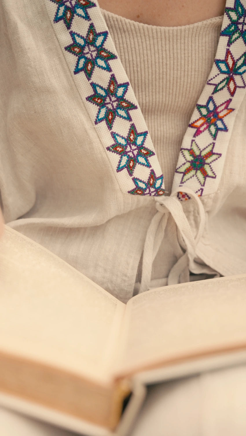 Áo khoác Nhật Bình linen xanh phối thổ cẩm thời trang Hity