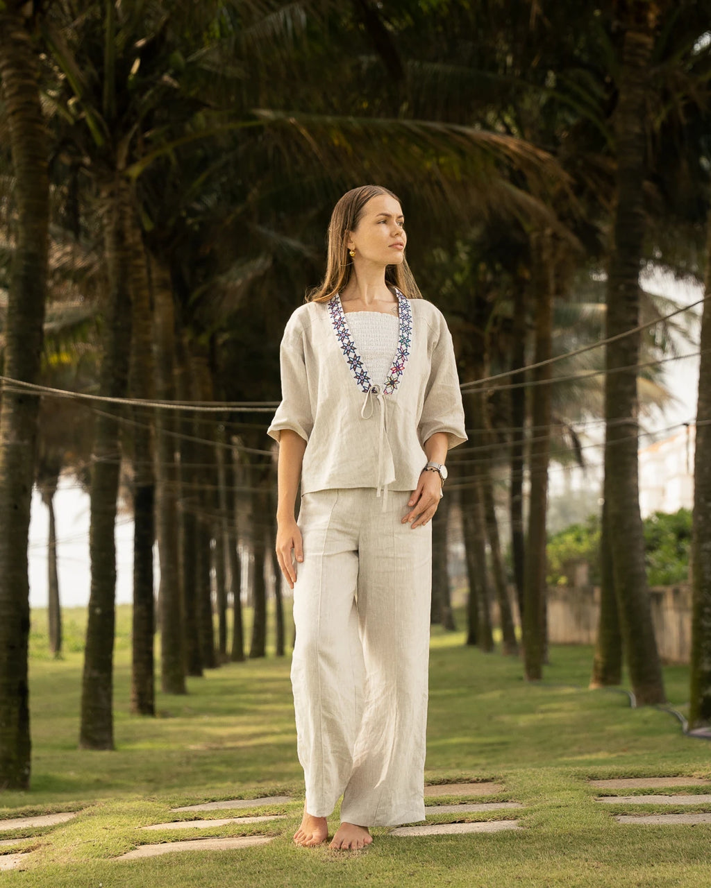 Áo khoác Nhật Bình linen xanh phối thổ cẩm thời trang Hity