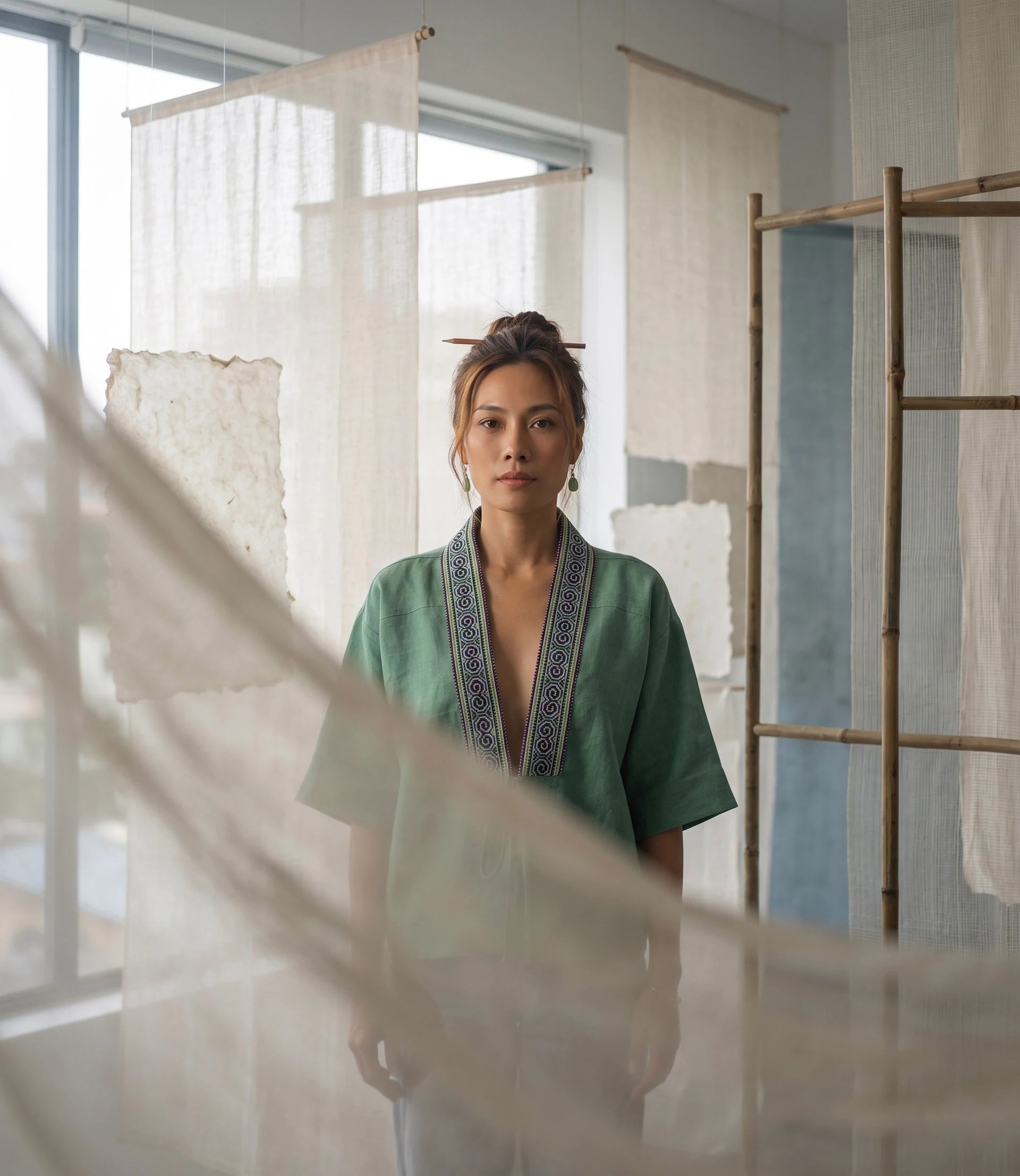 Áo khoác Nhật Bình linen xanh phối thổ cẩm thời trang Hity