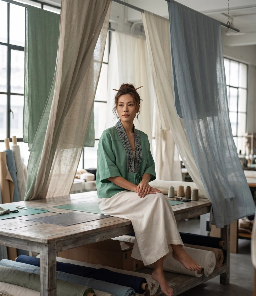 Áo khoác Nhật Bình linen xanh phối thổ cẩm thời trang Hity