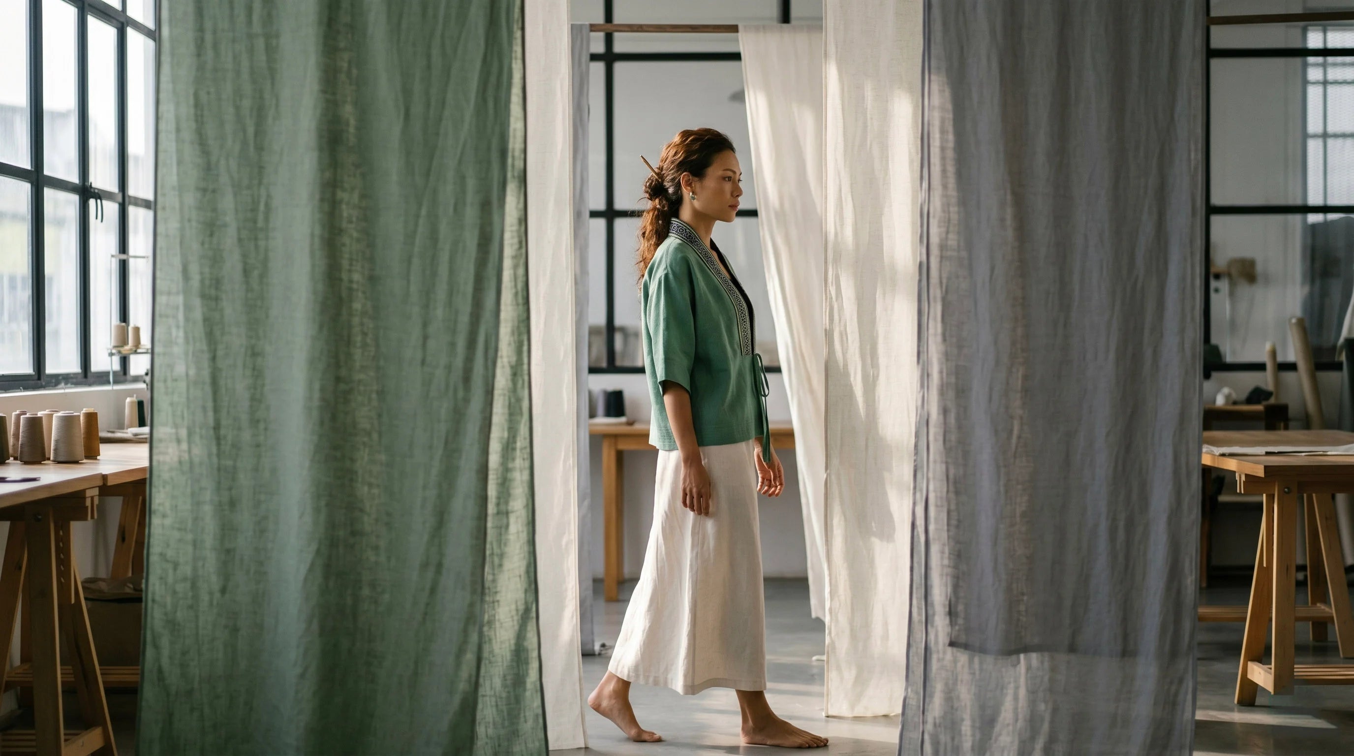 Áo khoác Nhật Bình linen xanh phối thổ cẩm thời trang Hity