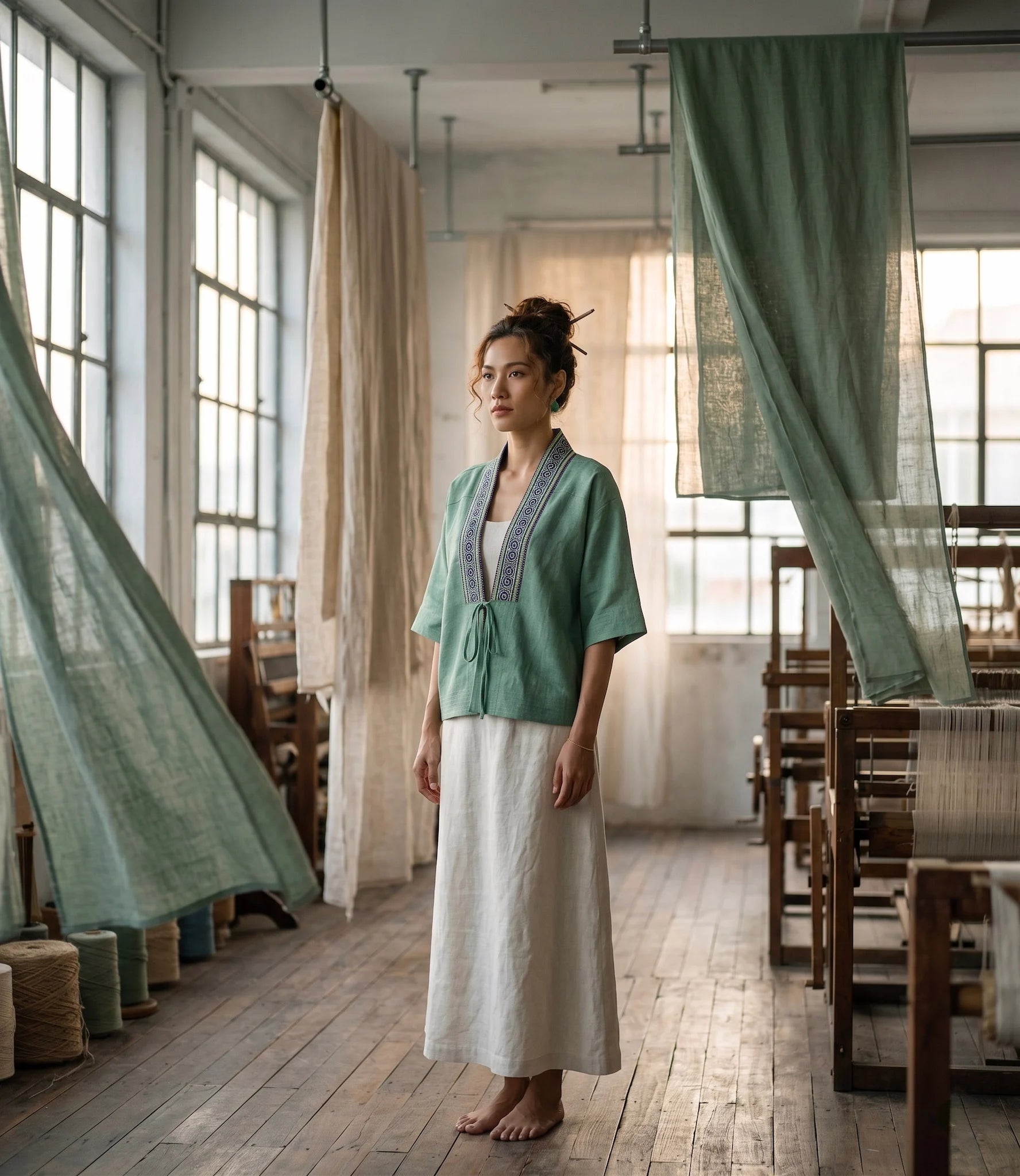 Áo khoác Nhật Bình linen xanh phối thổ cẩm thời trang Hity