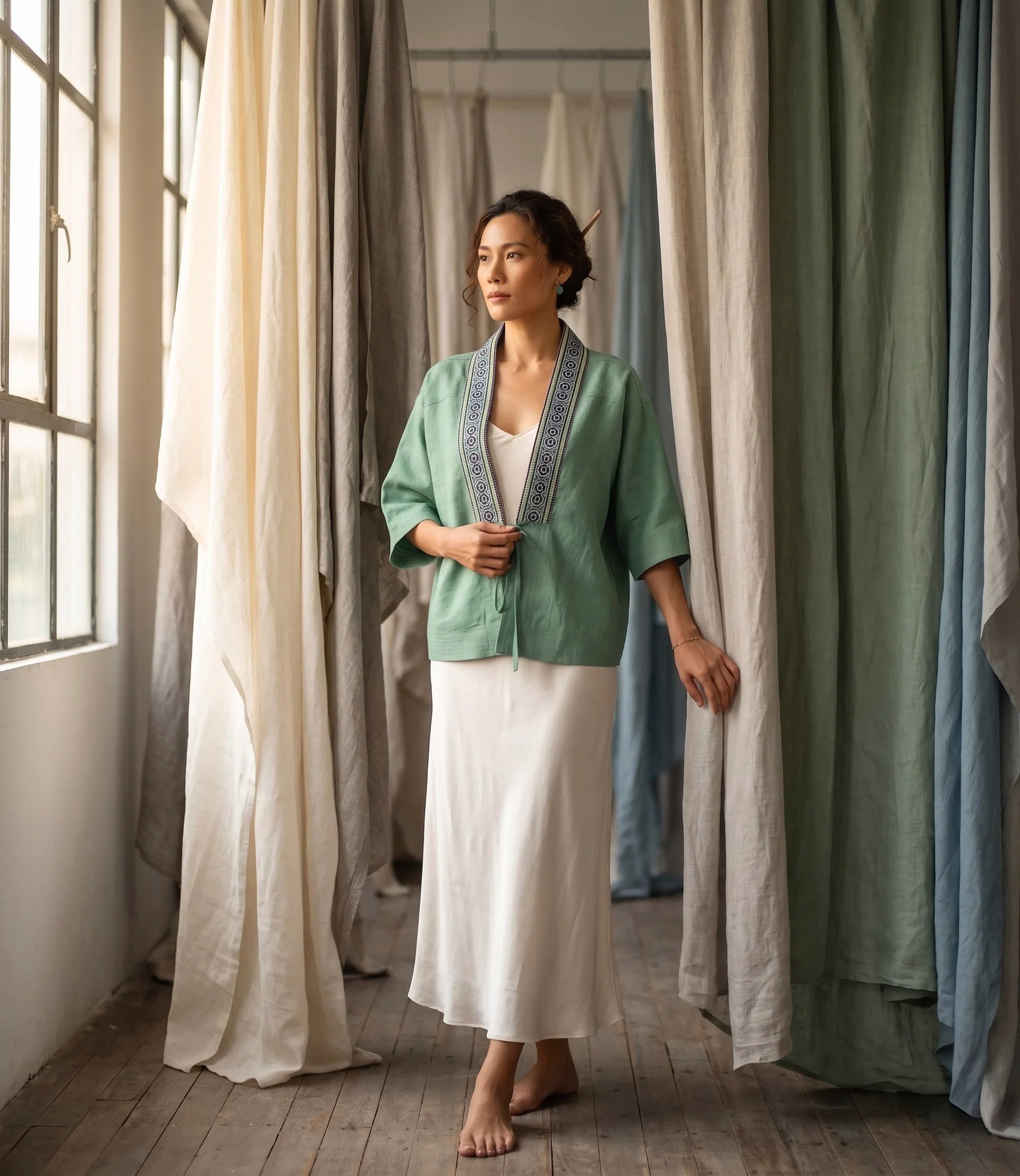 Áo khoác Nhật Bình linen xanh phối thổ cẩm thời trang Hity