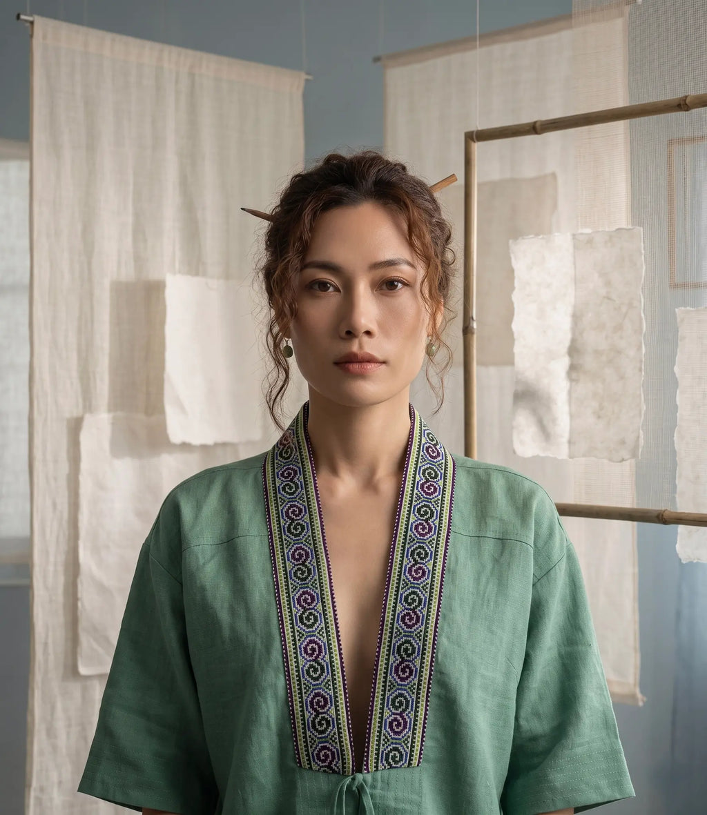 Áo khoác Nhật Bình linen xanh phối thổ cẩm thời trang Hity