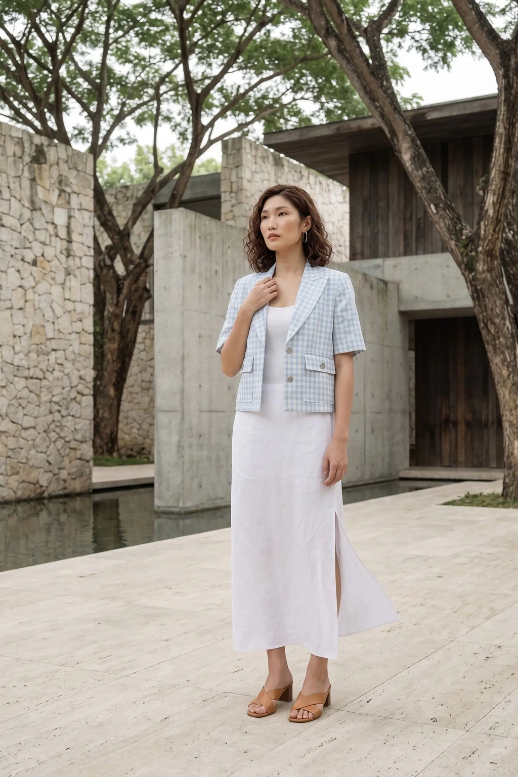 Áo khoác blazer ngắn croptop linen caro thời trang Hity