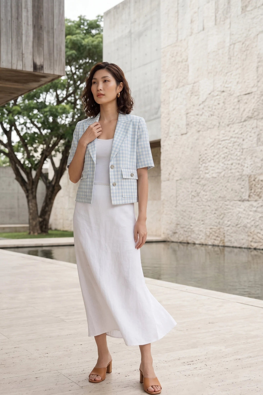 Áo khoác blazer ngắn croptop linen caro thời trang Hity