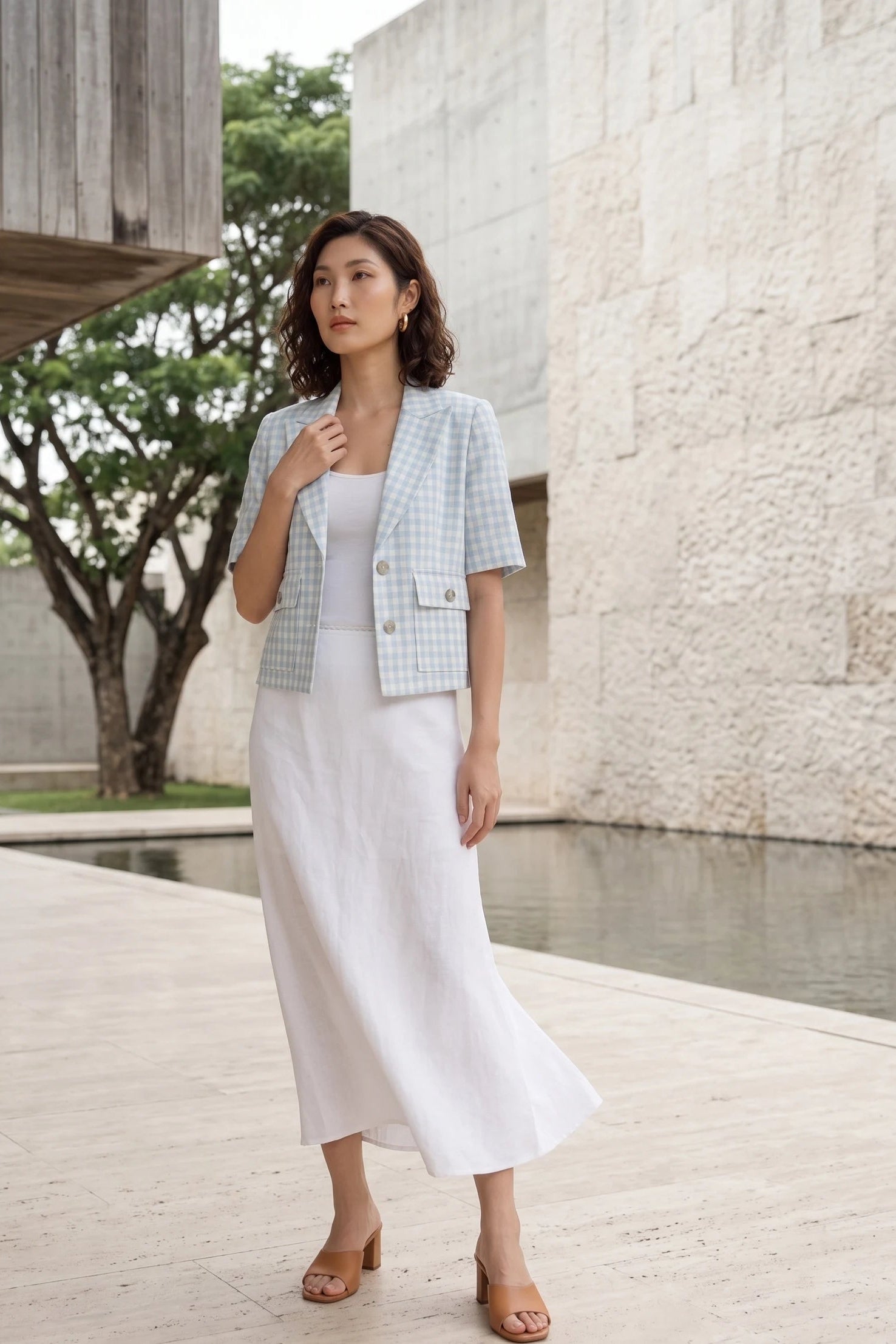 Áo khoác blazer ngắn croptop linen caro thời trang Hity