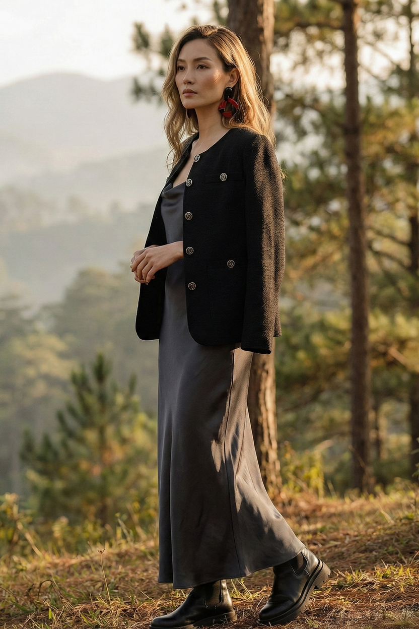 Áo khoác jacket tweed đen thời trang Hity