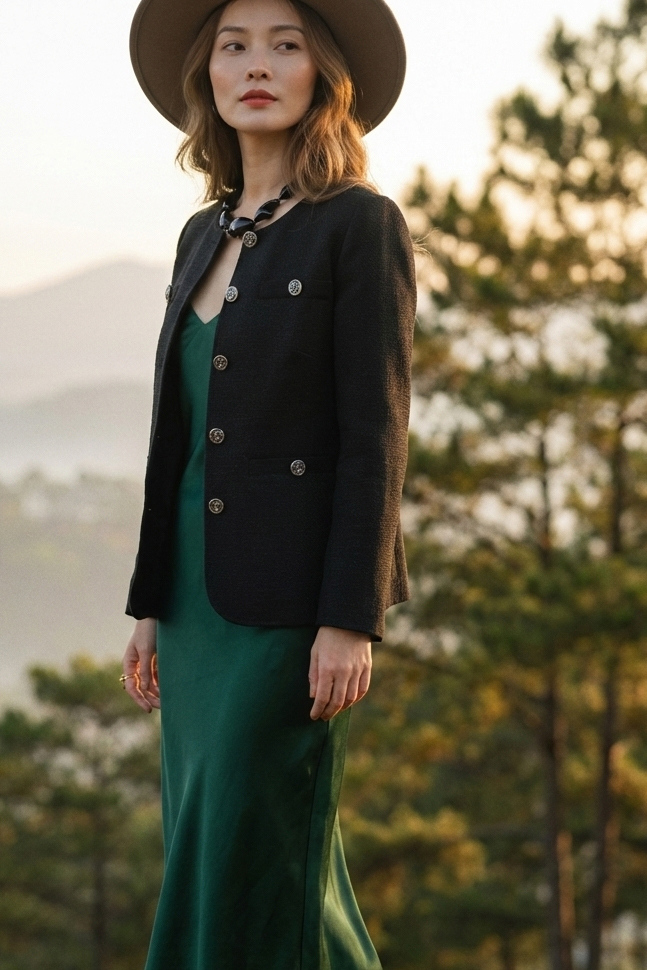 Áo khoác jacket tweed đen thời trang Hity