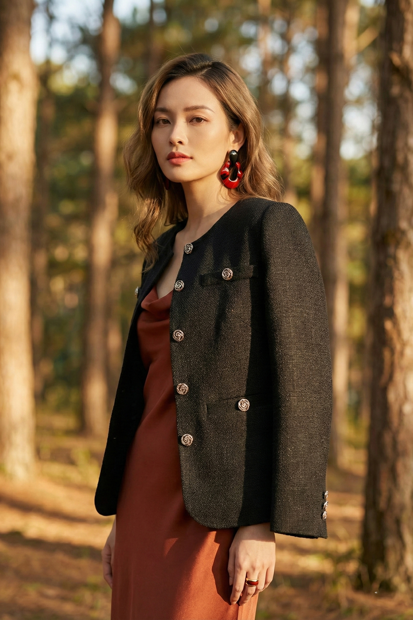 Áo khoác jacket tweed đen thời trang Hity