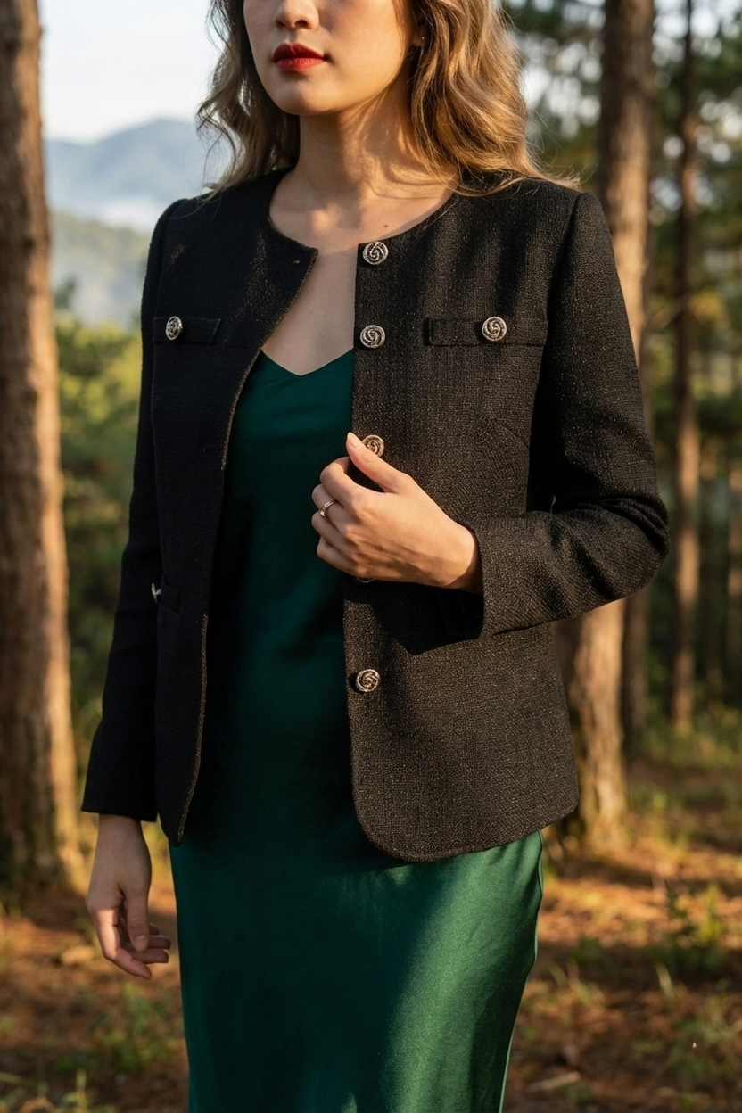 Áo khoác jacket tweed đen thời trang Hity