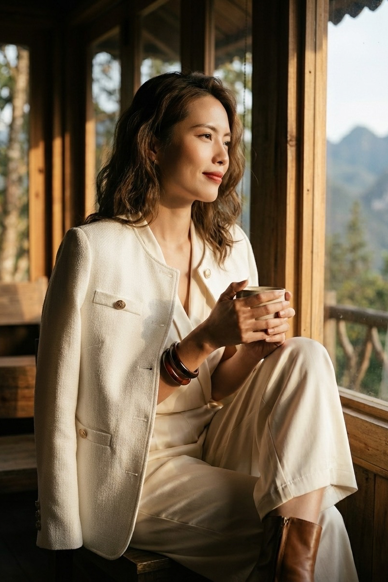 Áo khoác blazer jacket tweed trắng thời trang Hity