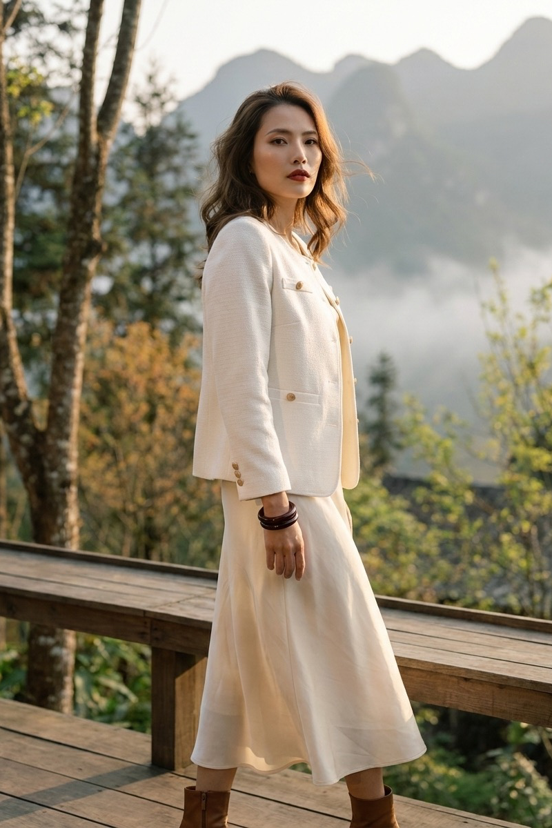 Áo khoác blazer jacket tweed trắng thời trang Hity