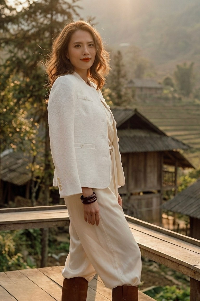 Áo khoác blazer jacket tweed trắng thời trang Hity