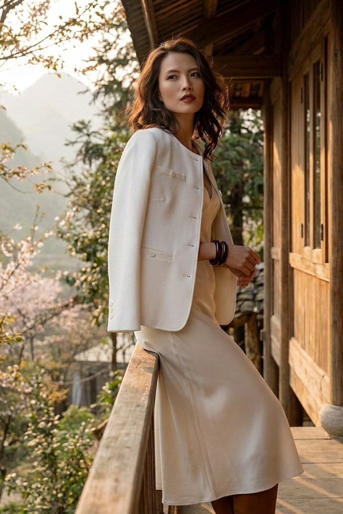 Áo khoác blazer jacket tweed trắng thời trang Hity