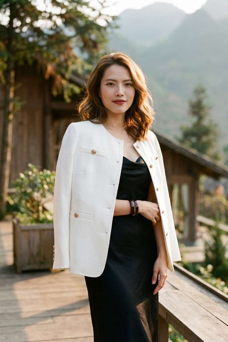 Áo khoác blazer jacket tweed trắng thời trang Hity