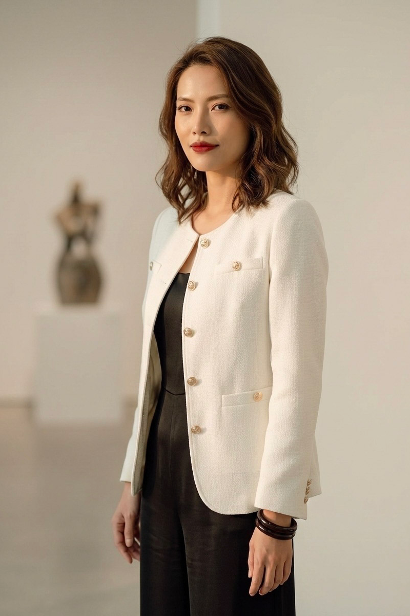 Áo khoác blazer jacket tweed trắng thời trang Hity