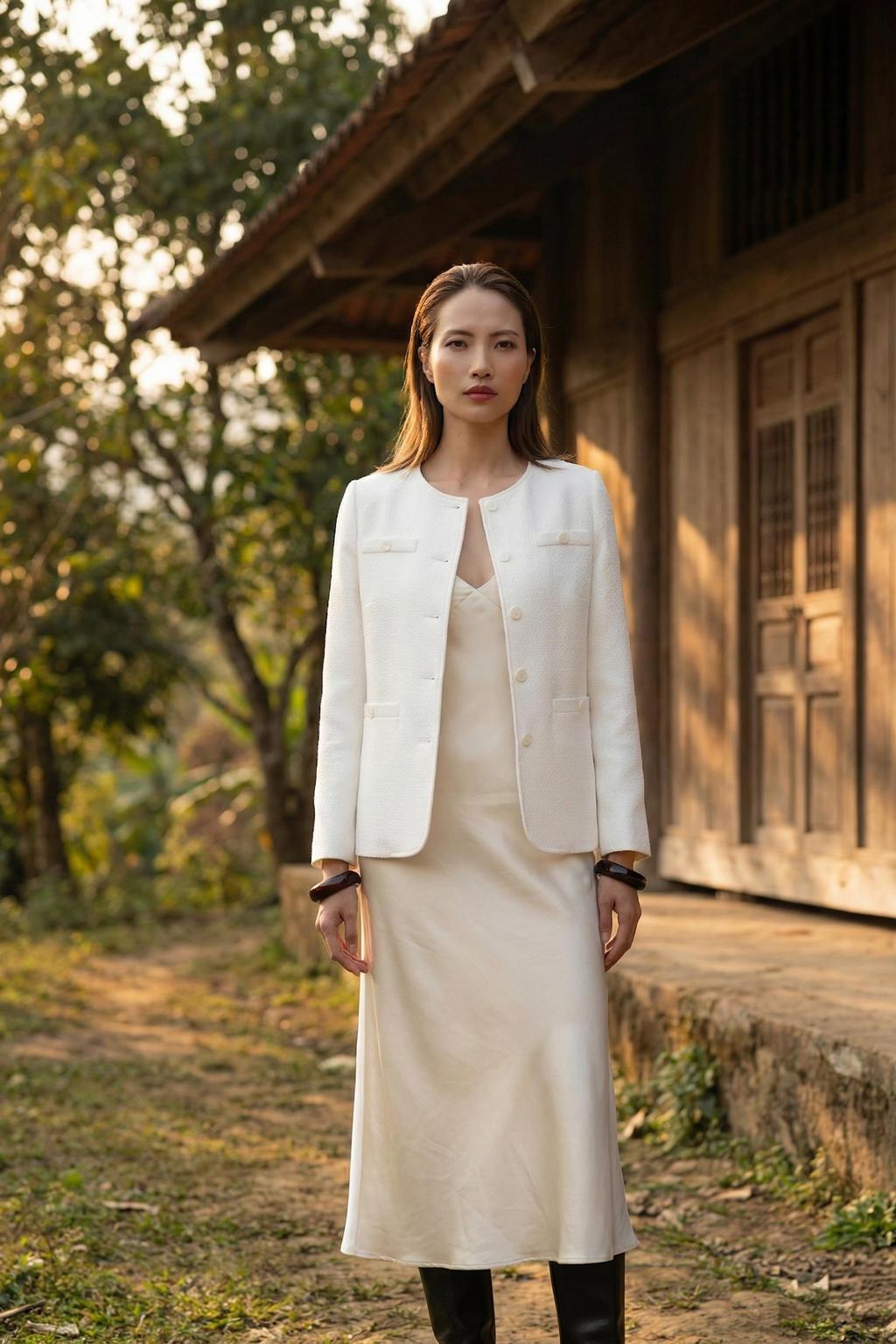 Áo khoác blazer jacket tweed trắng thời trang Hity