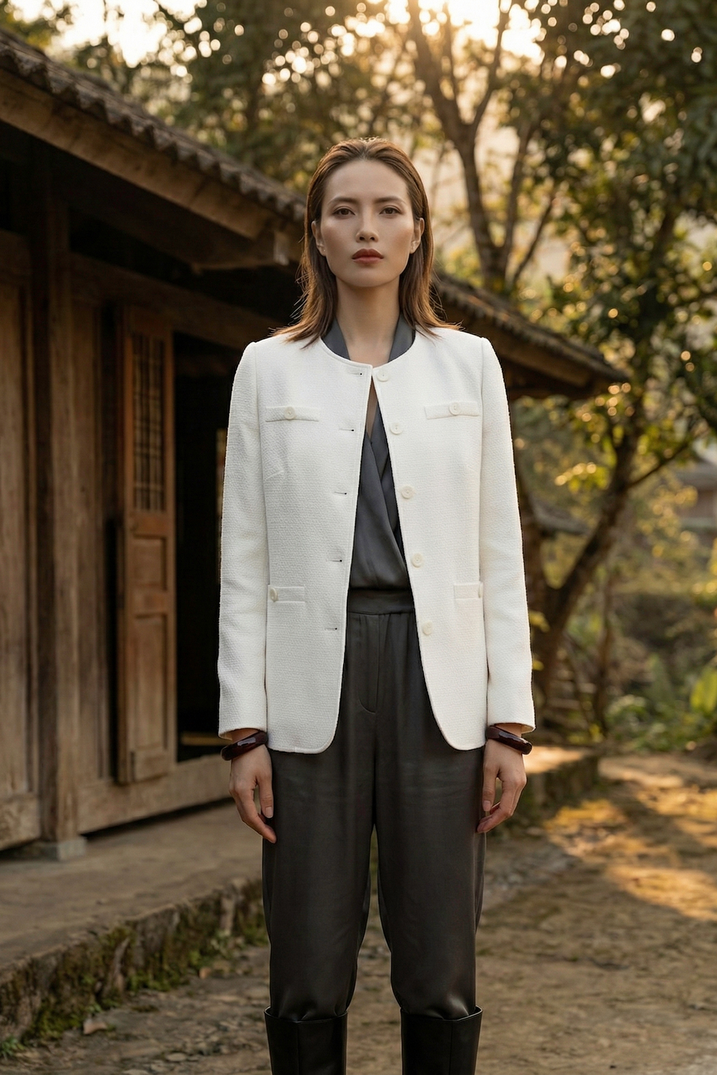 Áo khoác blazer jacket tweed trắng thời trang Hity