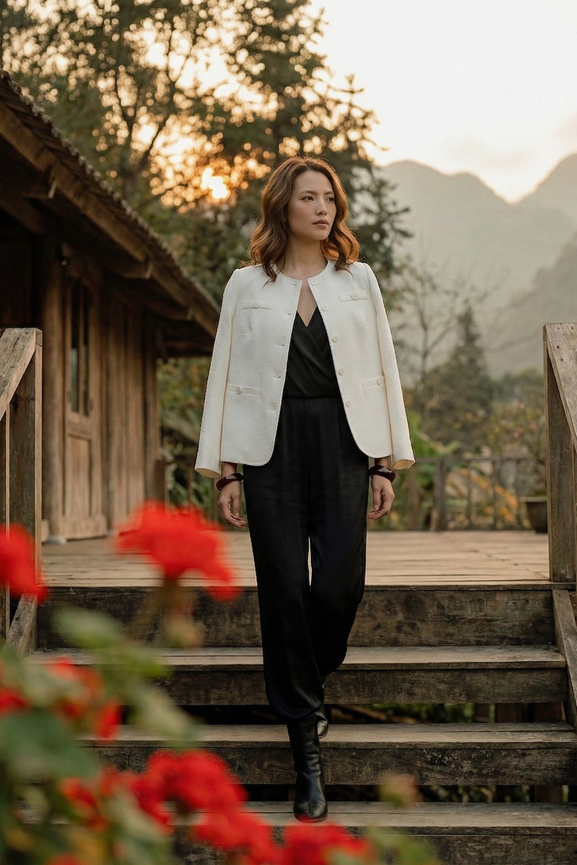 Áo khoác blazer jacket tweed trắng thời trang Hity