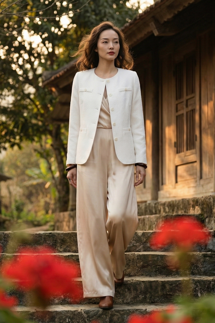 Áo khoác blazer jacket tweed trắng thời trang Hity