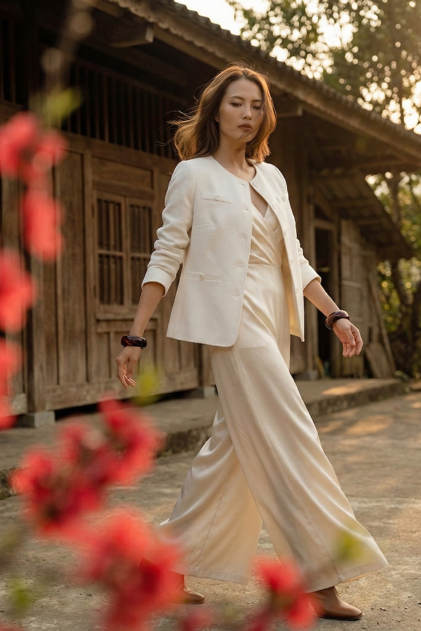 Áo khoác blazer jacket tweed trắng thời trang Hity