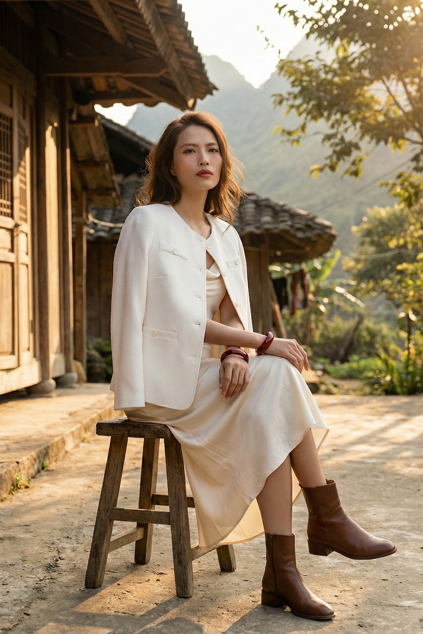 Áo khoác blazer jacket tweed trắng thời trang Hity