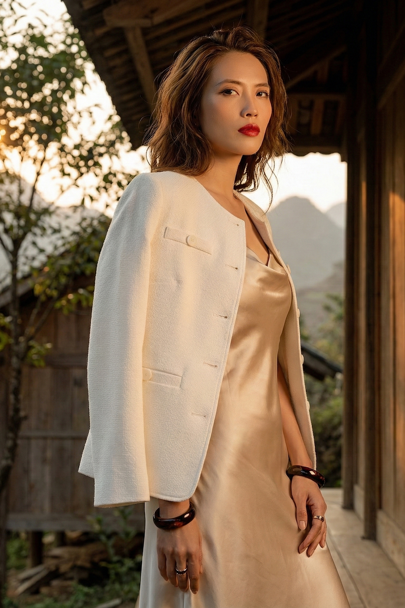 Áo khoác blazer jacket tweed trắng thời trang Hity