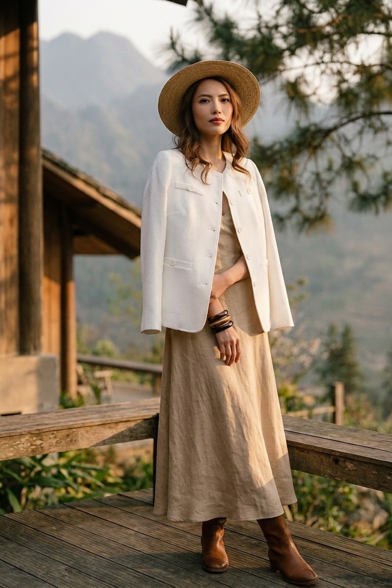 Áo khoác blazer jacket tweed trắng thời trang Hity