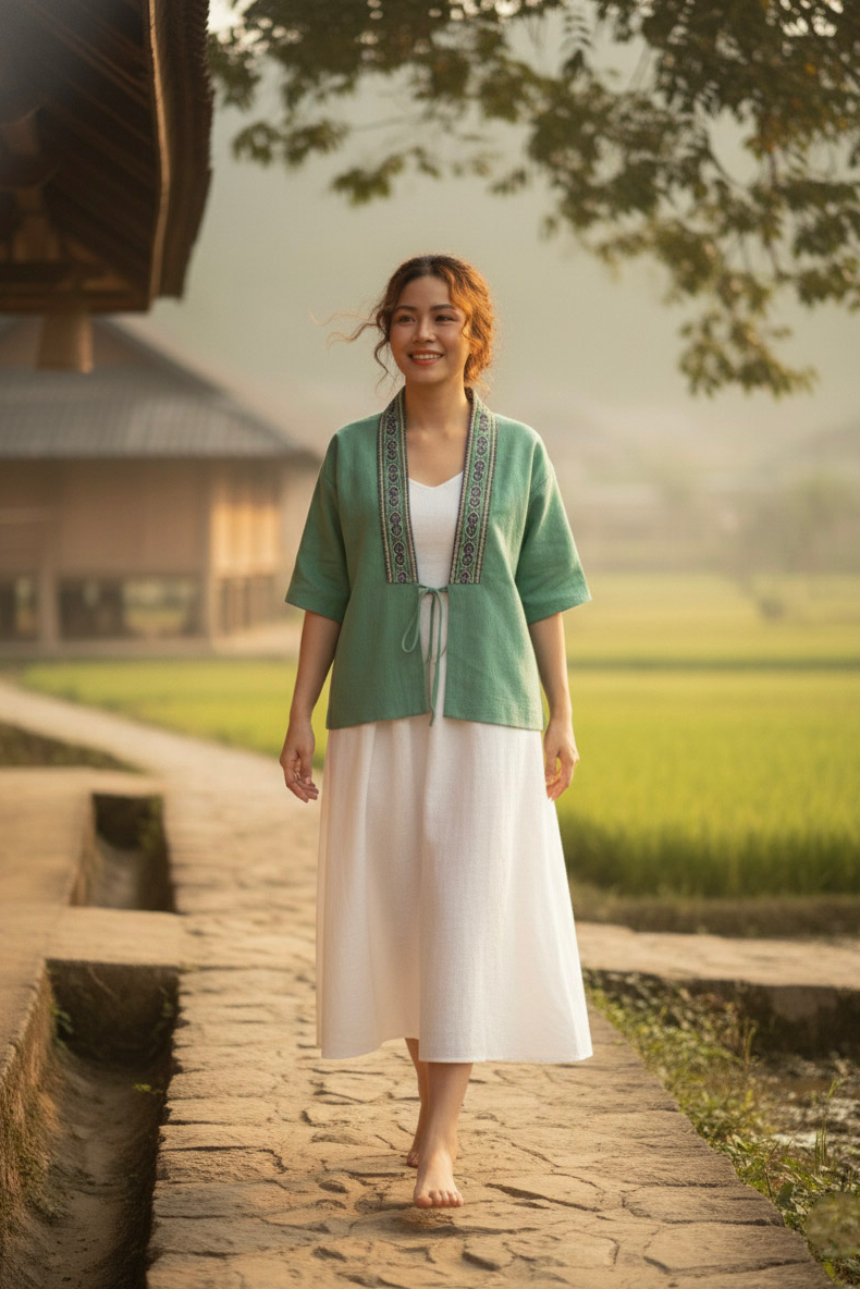 Áo khoác kimono linen phối thổ cẩm Hmong thời trang Hity