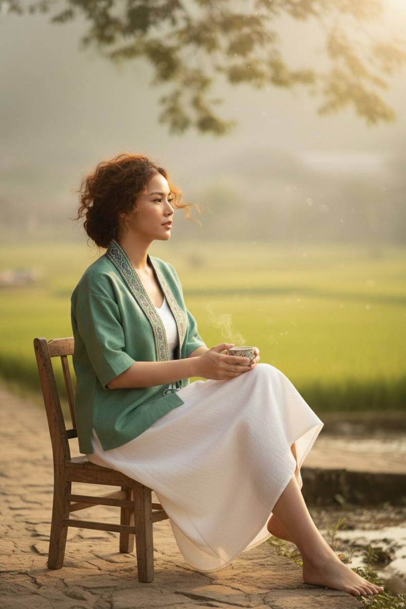 Áo khoác kimono linen phối thổ cẩm Hmong thời trang Hity