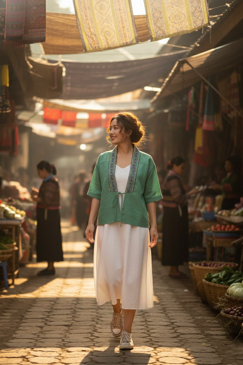 Áo khoác kimono linen phối thổ cẩm Hmong thời trang Hity