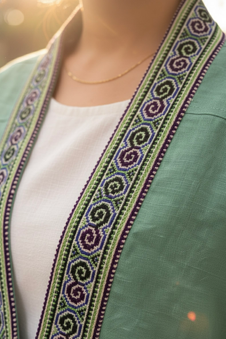 Áo khoác kimono linen phối thổ cẩm Hmong thời trang Hity