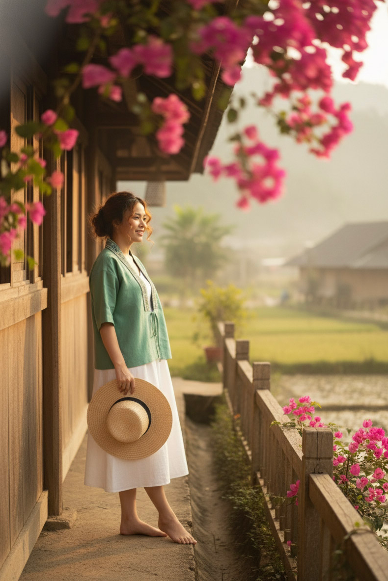 Áo khoác kimono linen phối thổ cẩm Hmong thời trang Hity