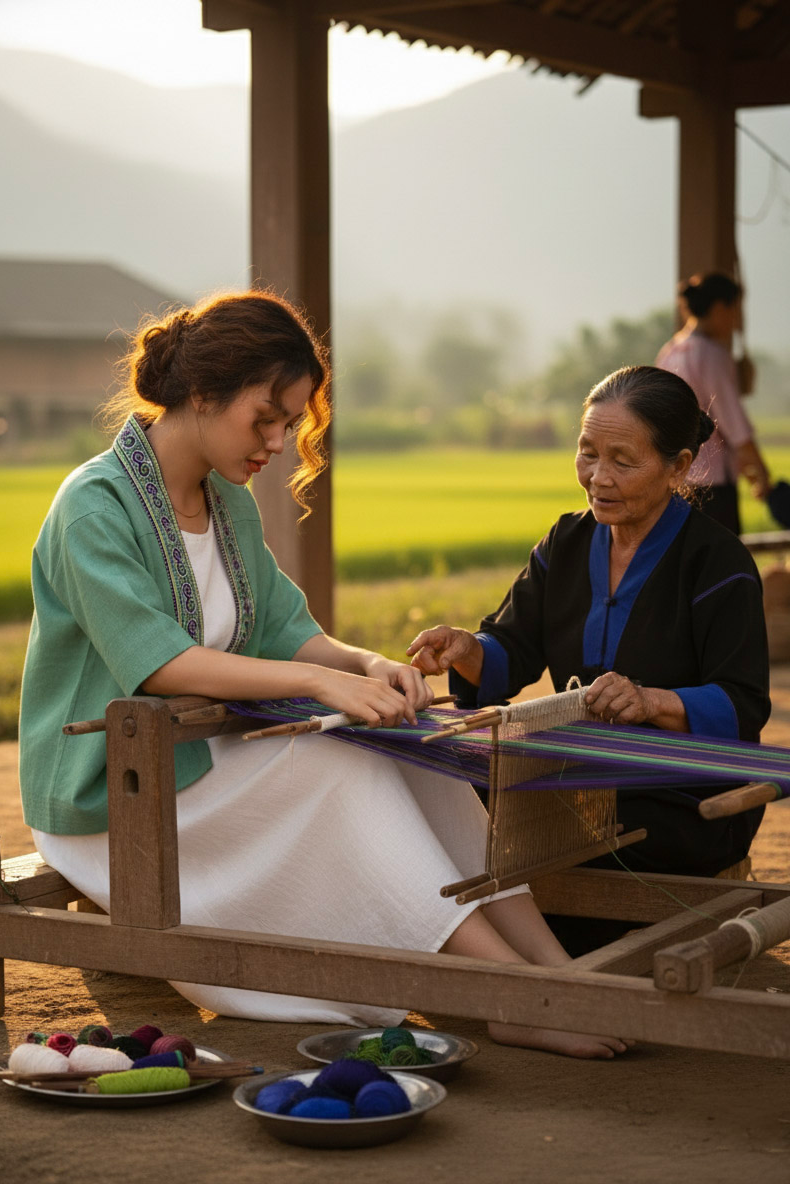 Áo khoác kimono linen phối thổ cẩm Hmong thời trang Hity