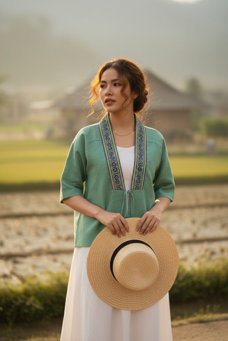 Áo khoác kimono linen phối thổ cẩm Hmong thời trang Hity