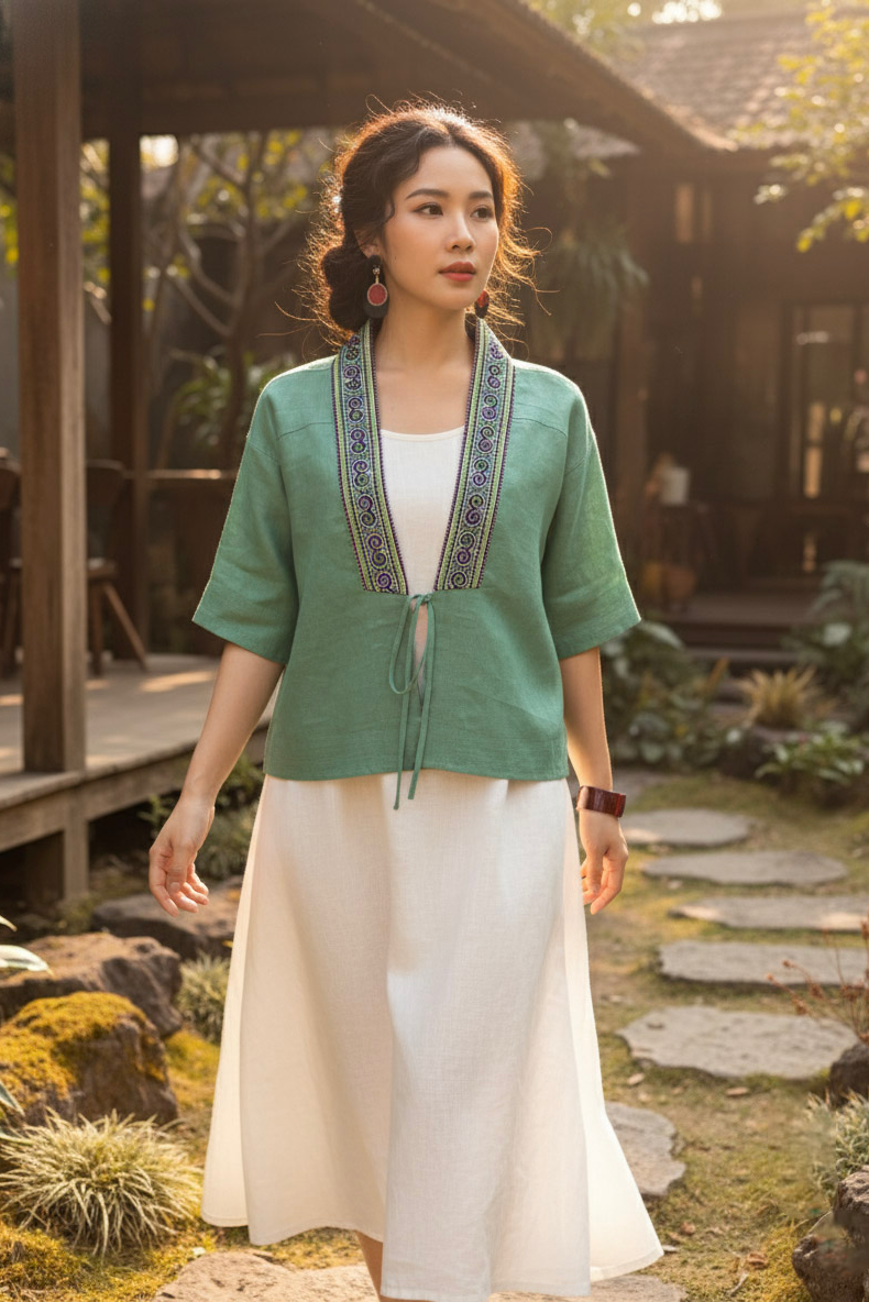 Áo khoác kimono linen phối thổ cẩm Hmong thời trang Hity