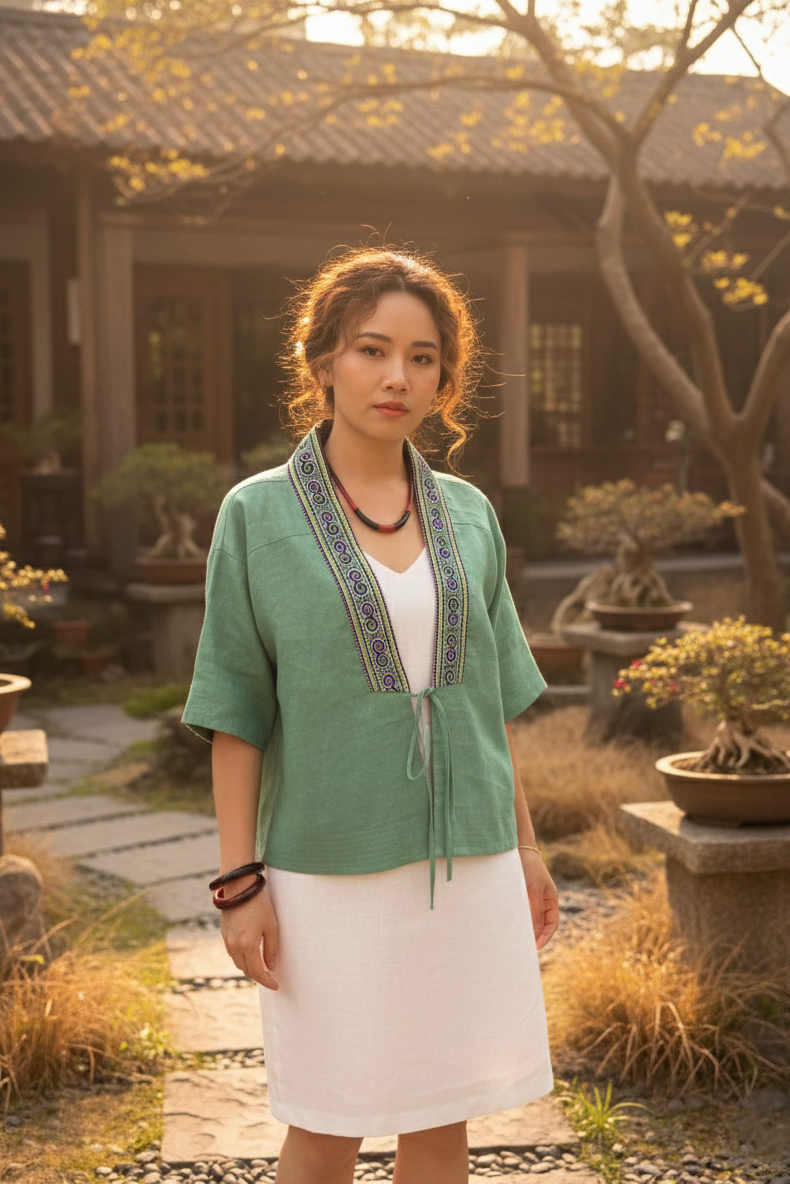 Áo khoác kimono linen phối thổ cẩm Hmong thời trang Hity