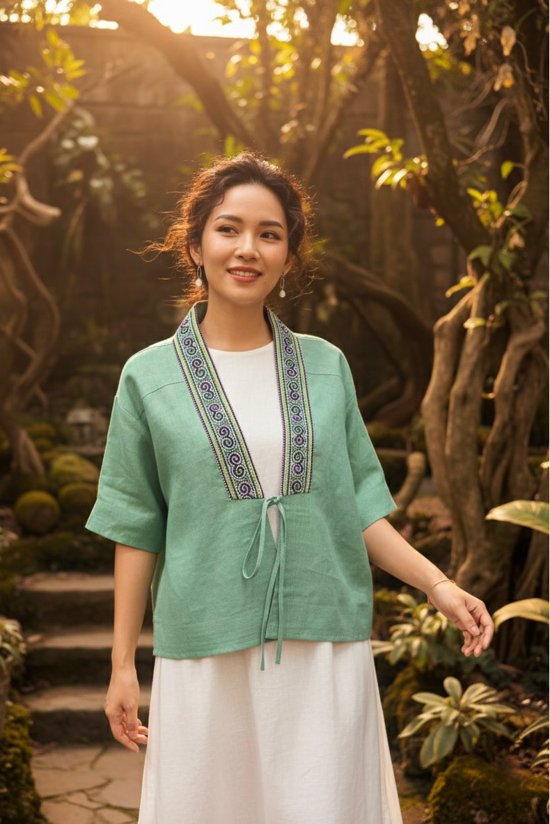 Áo khoác kimono linen phối thổ cẩm Hmong thời trang Hity