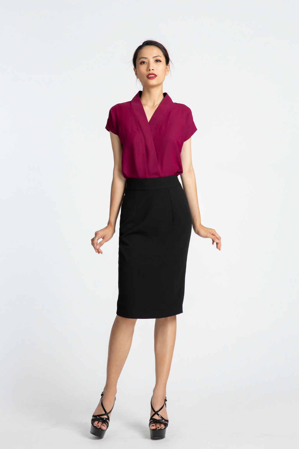 Áo kiểu cổ V đỏ mận thời trang Hity