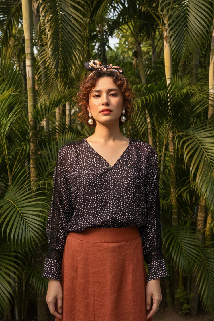 Áo suông tay dài phối ren cotton chấm bi thời trang Hity