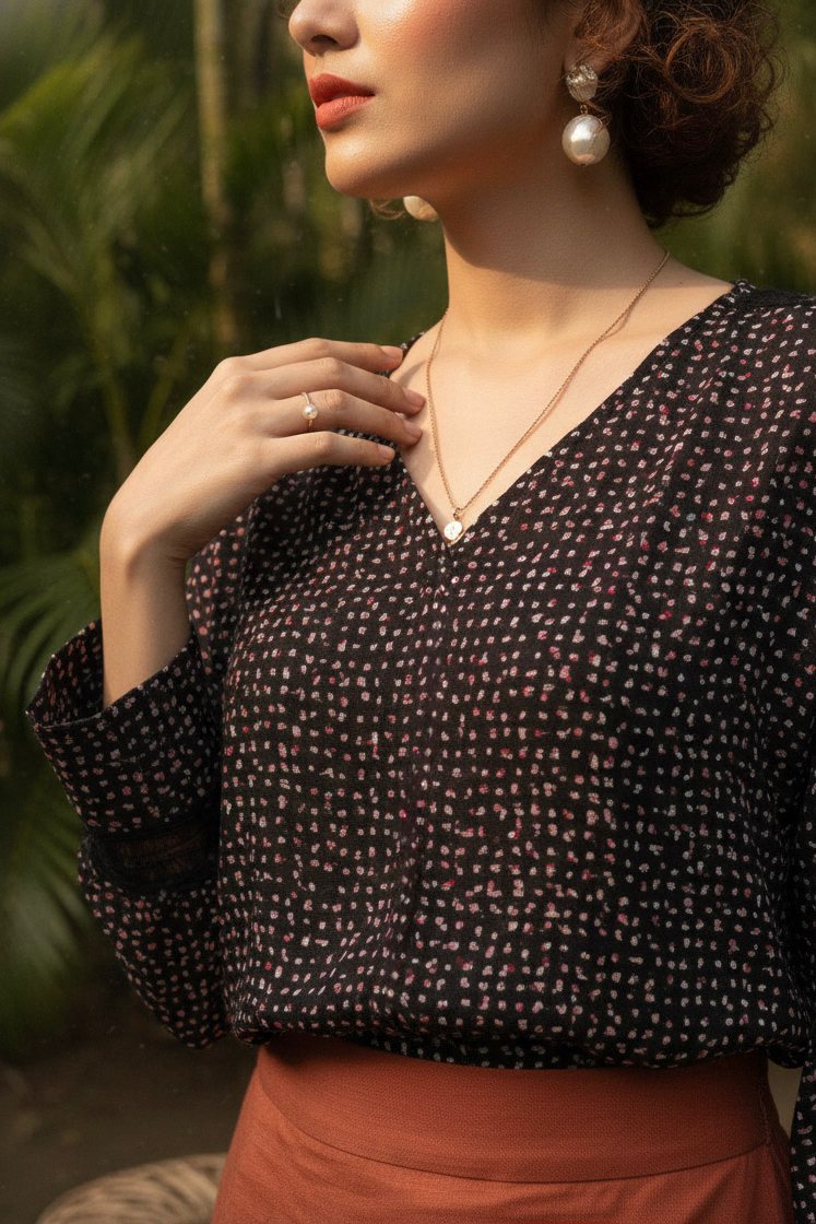 Áo suông tay dài phối ren cotton chấm bi thời trang Hity