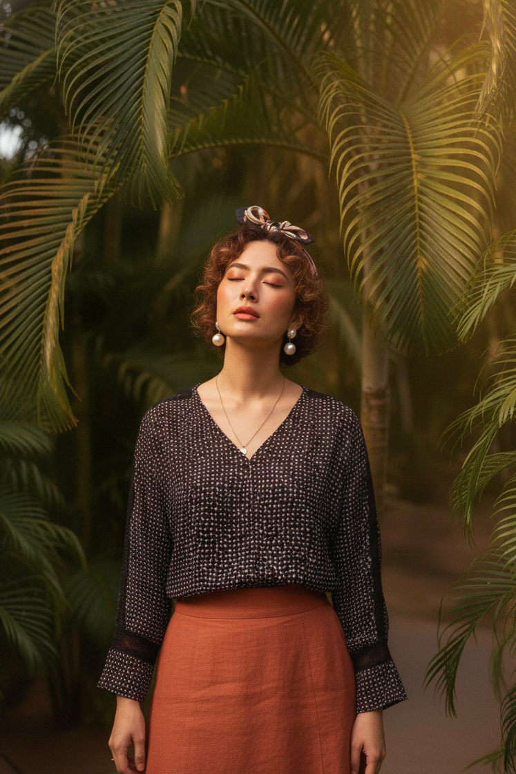 Áo suông tay dài phối ren cotton chấm bi thời trang Hity