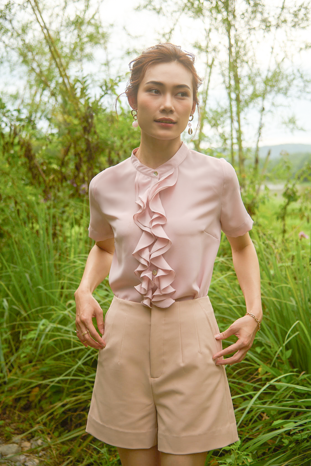 Áo sơ mi nữ tay ngắn phối bèo nhún pastel Thời trang Hity